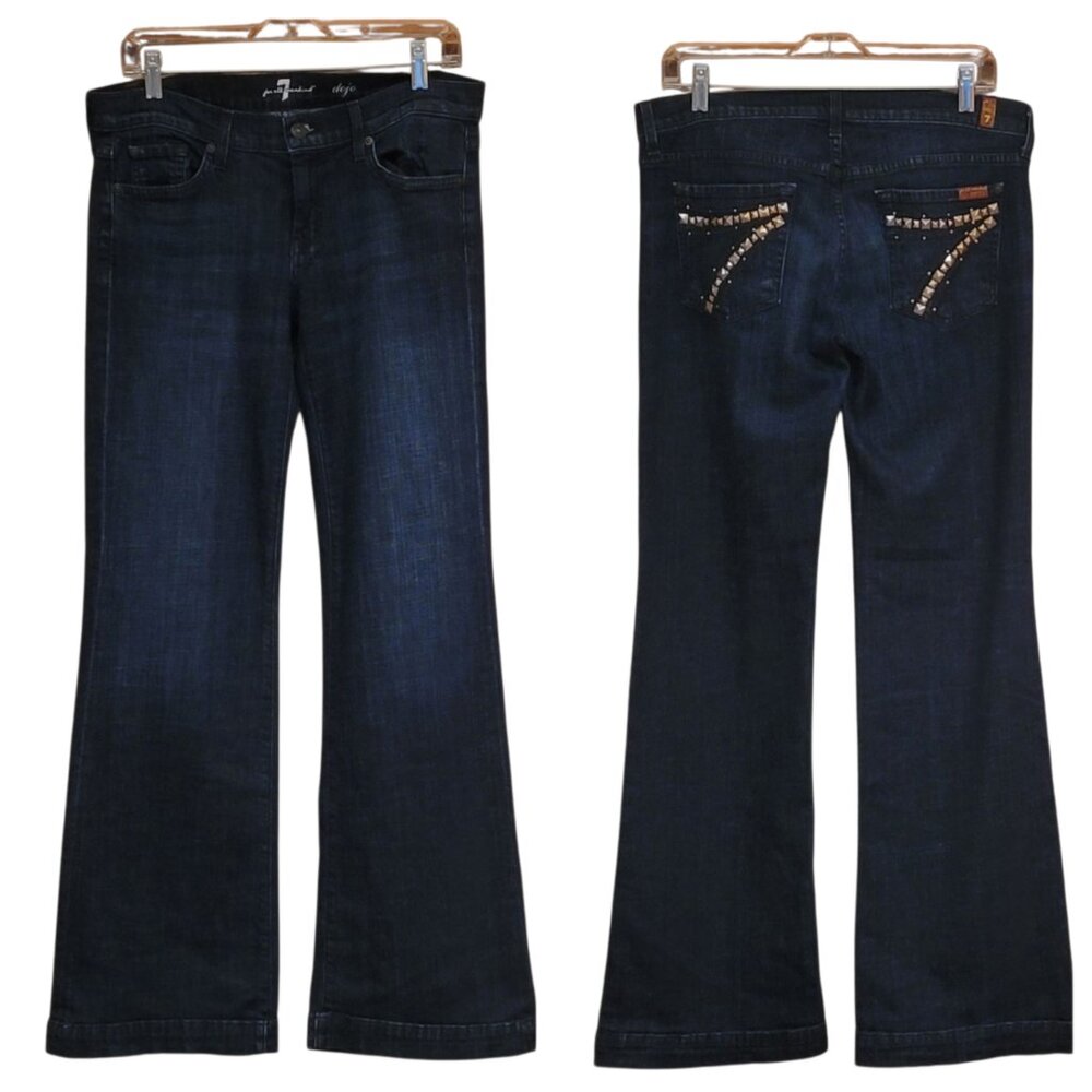 7 For All Mankind DOJO Dark Wash Flare Leg Jeans with Gold Studded Pockets Sz 30 - Picture 3 of 16